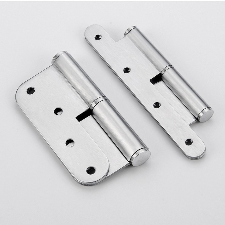 Two lift-off hinges in brushed stainless, rounded and square corner plates