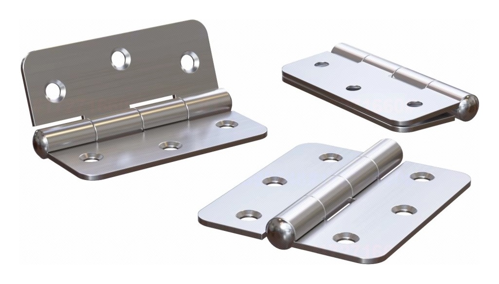 HY-T type-spring hinges in satin stainless, including a bent-leaf version, with the spring inside the barrel